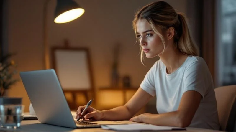 Frau lernt abends am Laptop für IHK-Fortbildung in Herne