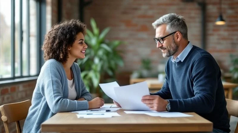 Zwei Personen besprechen Unterlagen in einem modernen Büro im Ruhrgebiet